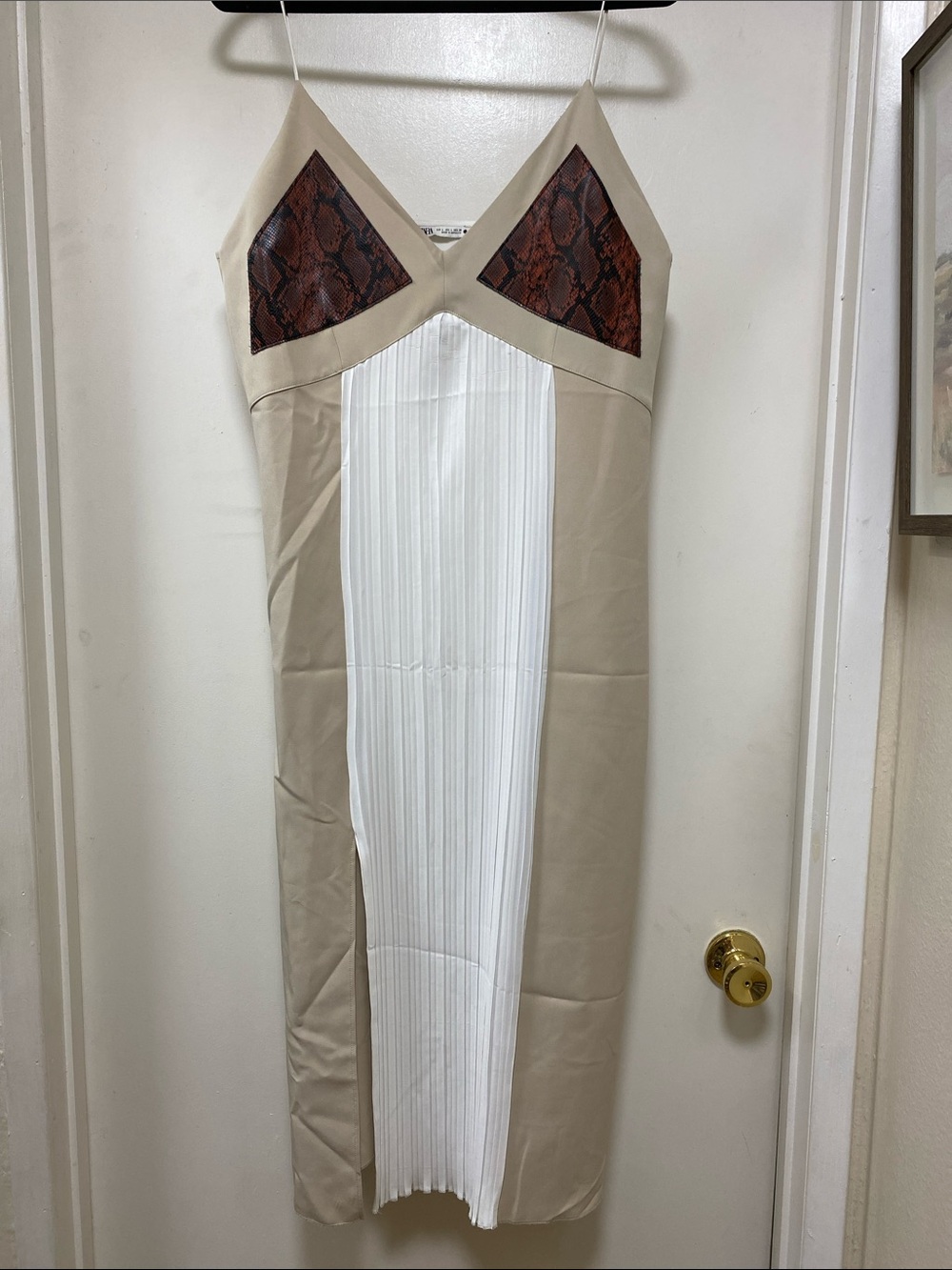 New, Zara Beige and White Maxi Slip Dress with Rust Snakeskin Accents